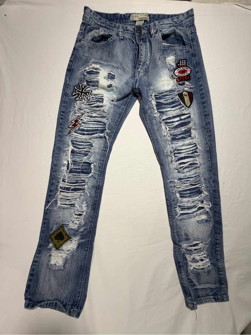 Bleaker and Mercer Distressed Light Blue Jeans with Patch Details